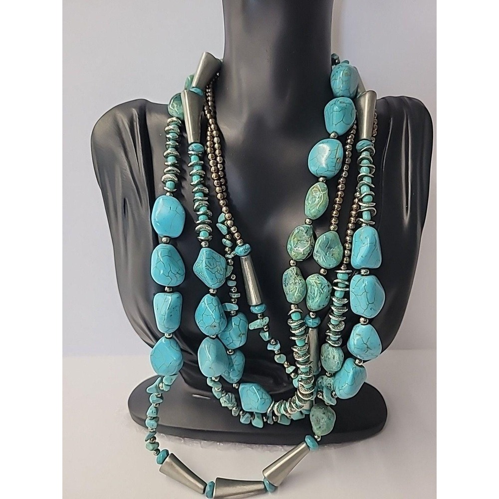 Vintage Southwestrn Style Blue Nugget Multi Strand Necklace Silver Tone Jewelry